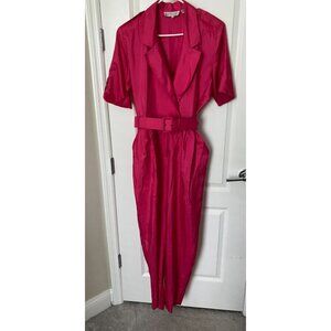 Vintage 80s Westbound Belted Pink Silky Tapered Parachute V-Neck Jumpsuit - Size